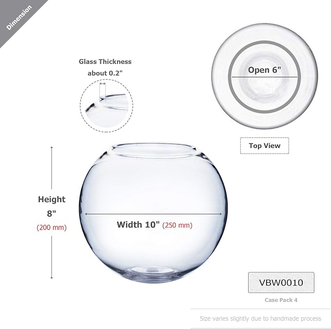 WGV Bowl Glass Vase Bulk, Diameter 10", Height 8", Open Width 6", (Multiple Sizes Choices) Clear Bubble Planter Terrarium Fish Bowl for Wedding Event Home Decor, 4 Pieces (VBW0010)