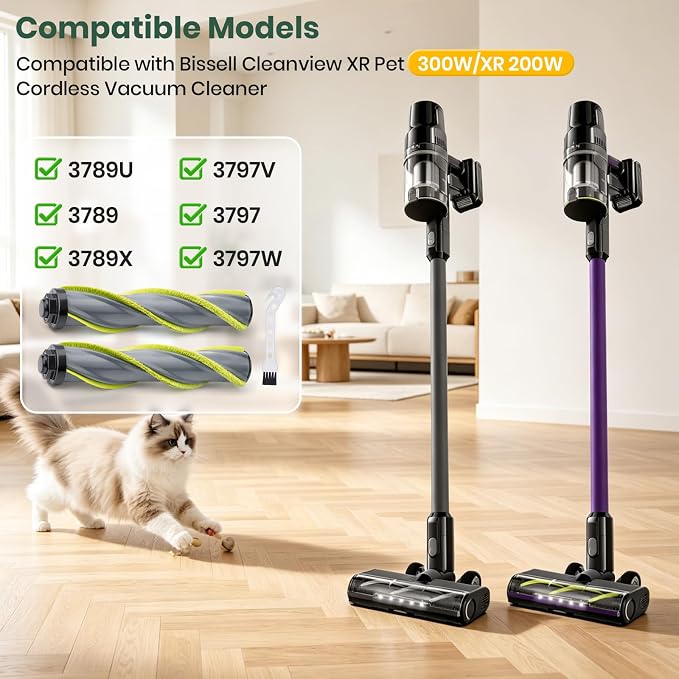 Replacement Brush Roll Compatible with Bissell Cleanview XR 200W/ Cleanview XR Pet 300W/ Powerlifter Turbo Cordless Stick Vacuum Cleaner 3789U, 3789X, 3789, 3797V, 3797W, 3797（2Pack ）