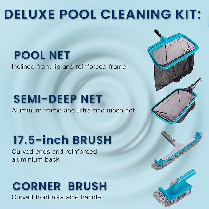 Sepetrel 4-Piece Pool Cleaning Kit, 17.5" Curved Wall Brush, Rotatable Hand Scrubber, Deep Bag Leaf Rake and Flat Skimmer Net (Pole Not Included) for Above Ground and Inground Pools