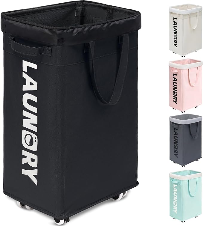 Goodpick Black Laundry Hamper with Wheels, 75L Dirty Clothes Hamper with Removable Wash Bag for Laundry Room, Rolling Laundry Basket