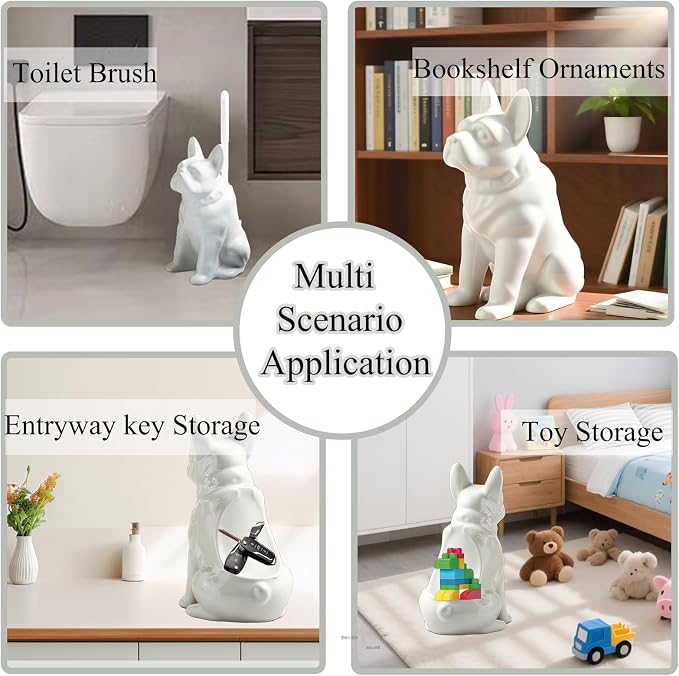 Ceramic French Bulldog Toilet Brush Holder – Cute Bathroom Decor with Hideaway Storage, Space-Saving Design, Premium Ceramic Dog Lover Gift, Includes 2 Durable Scrub Brushes (White)