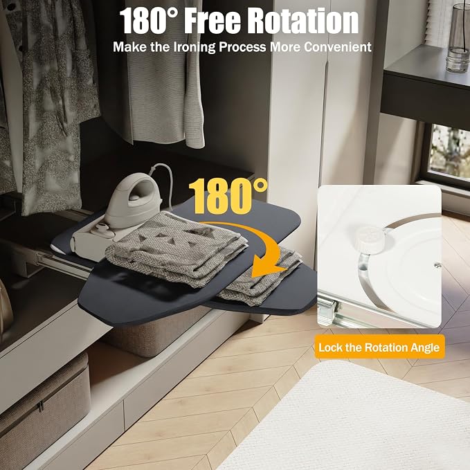 Foldable Cabinet Ironing Board Retractable Grey Ironing Station | Sturdy Load-Bearing Structure, Adjustable Rotation Design, Easy Install Compact Fold Size fit Wardrobe Drawer Cabinet Use