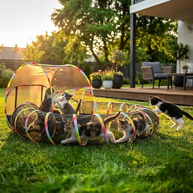Outdoor Cat Enclosure 2-in-1, Extra Large Pop Up Cat Tent with 134" Tunnel for Indoor Cats, Expandable Foldable Cat Playpen for Backyard Camping, Fits Rabbits & Small Animals,1-Min Setup