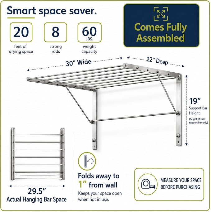 Smartsome | Wall Mounted | Clothes Drying Rack | 30" Wide | 20 Linear Feet Capacity | 8 Smooth Round Stainless Steel Rods | 60 lb Capacity | Fully Assembled | Compact Sturdy Space-Saving Design