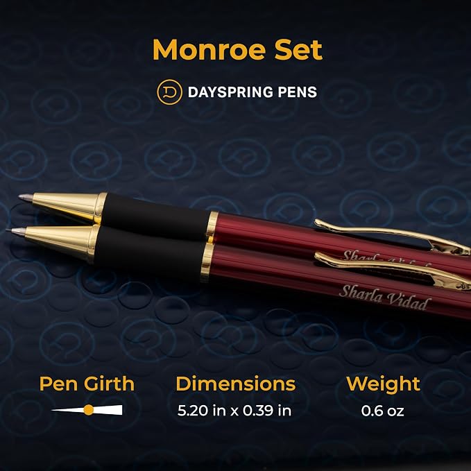 Dayspring Pens Monroe Pen and Pencil Set, Red Lacquer with Gold Trim, Custom Engraved — Graduation, Anniversary, Retirement, or Business Gift