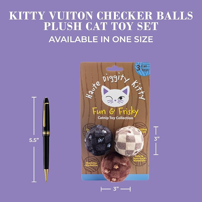 Haute Diggity Kitty Vuiton Checker Balls Set, Plush Cat Toys Catnip Filled with Interactive Crackle Sound, Safe & Durable Toys for Cat & Kitten, 3 Pcs