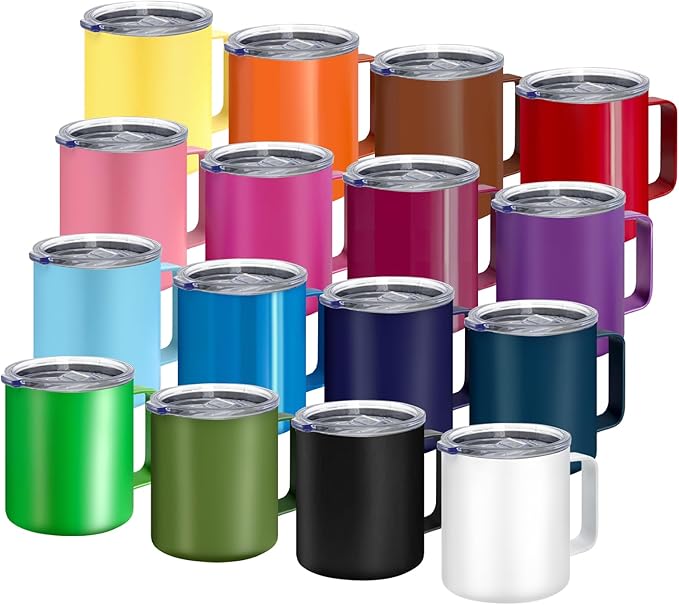 YOUKE OLA 16 Pack Stainless Steel Insulated Coffee Mug Bulk with Handle & Lids, 12oz Vacuum Insulated Double Wall Travel Mug for Hot and Cold Drinks Home Office Car, 16 Colors