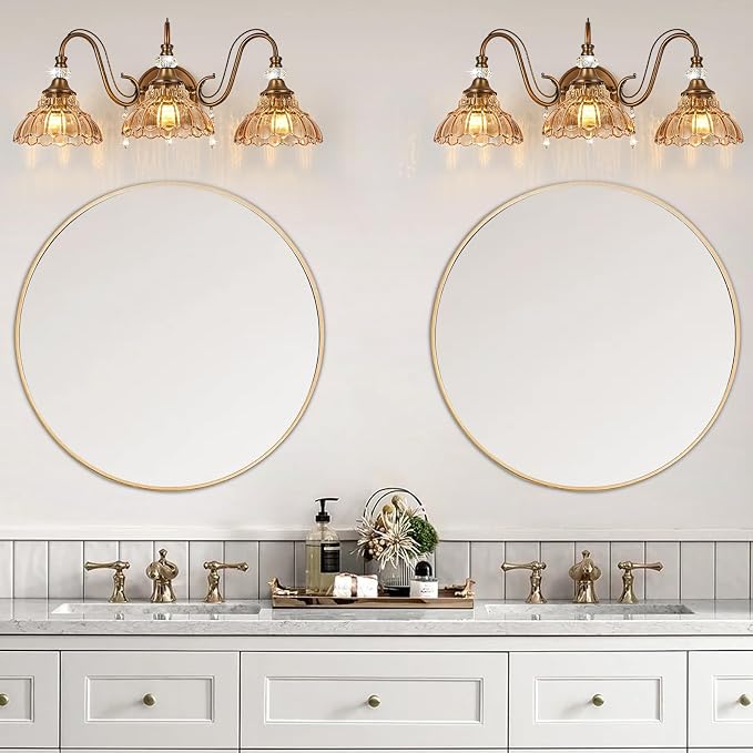 Vintage Bathroom Vanity Light, 3-Light Matte Antique Brass Finish Wall Sconce with Hanging Crystal Accents and Flower-Shaped Amber Glass Shades, Retro Wall Mount Vanity Light Over Mirror for Bathroom