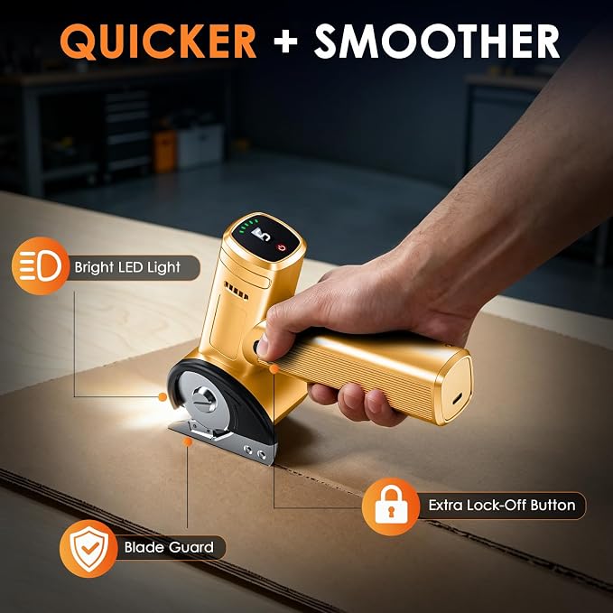 Cordless Electric Scissors Rechargeable, Smart Display Cardboard Box Cutter | 5 Speed and Battery Display Shear Cutting Tool with Storage Box Extra 2 Blades for Cardboard, Fabric, Leather, Plastic