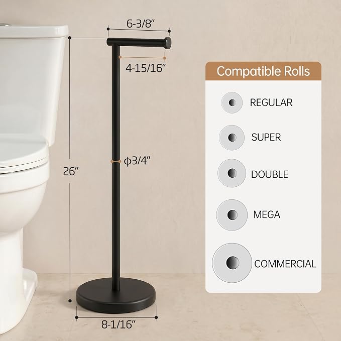 KES Black Toilet Paper Holder Stand with Weighted Base, 26" H (Taller Version) Free Standing Toilet Paper Roll Holder for Bathroom, Rustproof, BPH283S66-BK