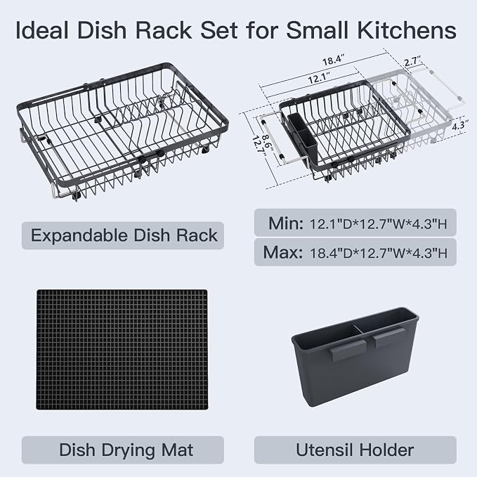 Grey Dish Drying Rack Over The Sink with Utensil Holder, Mat | Expandable Stainless Steel Dish Drainer for Small Kitchen, Apartment, RV, Counter Space Saving, Perfect Fit, Rustproof