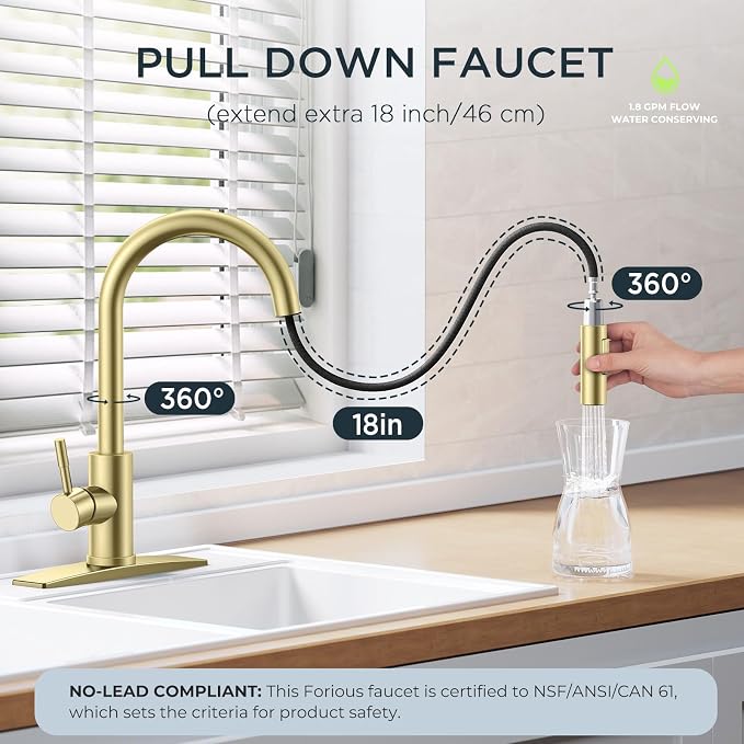 FORIOUS Gold Kitchen Faucet with Pull Down Sprayer, High Arc Modern Classic Sink Faucet Stainless Steel with Deck Fit for 1 or 3 Hole for Pot Filler Bar Farmhouse Laundry Rv, Brushed Champagne Golden
