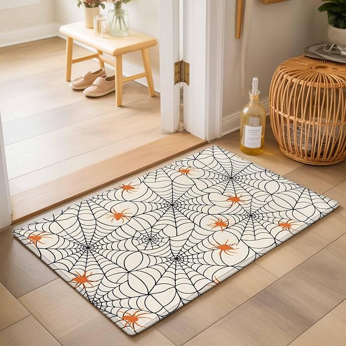 Entryway Area Rug 2'x3', Halloween Washable Small Area Rugs for Kitchen Bathroom Bedroom Office Laundry, Orange Black Net Classic Spiders Gingham Non Slip Door Mat Indoor Entrance Floor Throw Carpet