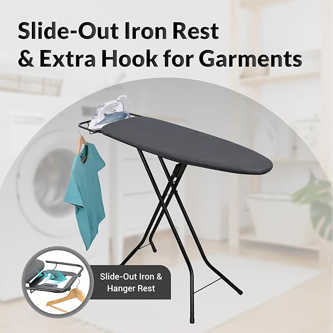 ZOES HOMEWARE 2026 Enhanced Ironing Board, Folding Iron Board with Retractable Iron Rest& Hook, 7-Level Height Adjustable Ironing Table with Thermo-Reflective Surface &10mm Thicken Pad, 43"x14"x36"