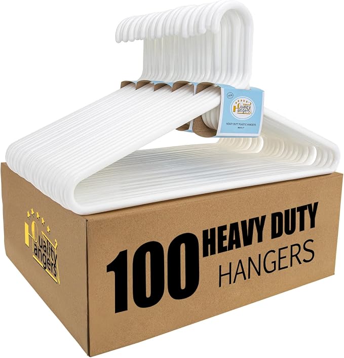 Quality White Plastic Hangers 100 Pack - Super Heavy Duty Multipack for Clothes - Thick Strong Standard Closet Clothing Hangers with Hook for Scarves and Belts-17 for Coats (White, 100)