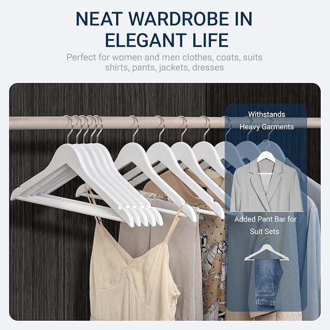 Amber Home 30 Pack White Wooden Coat Hangers, White Wood Suit Hangers with Non-Slip Pant Bar, Clothes Hangers for Closet Organization, Shirts, Jackets, Dresses, and Pants (White, 30)