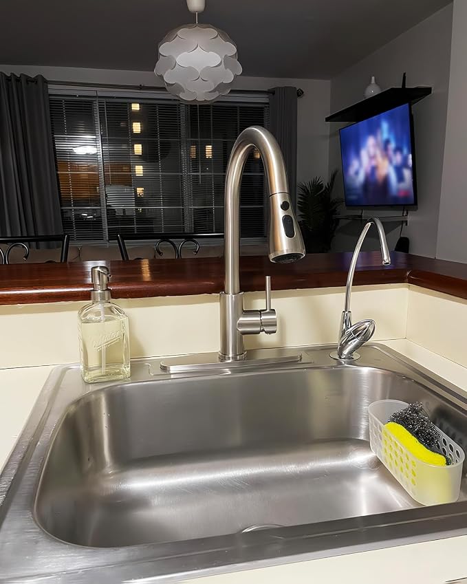 Hiqufet Kitchen Faucet, Pull Down Sprayer, Brushed Nickel, Deck Plate | Easy Install, 360 Swivel, 3 Spray Modes, High Arc Spout, SUS304 Stainless Steel, Fits RV/Laundry/Bar Sinks