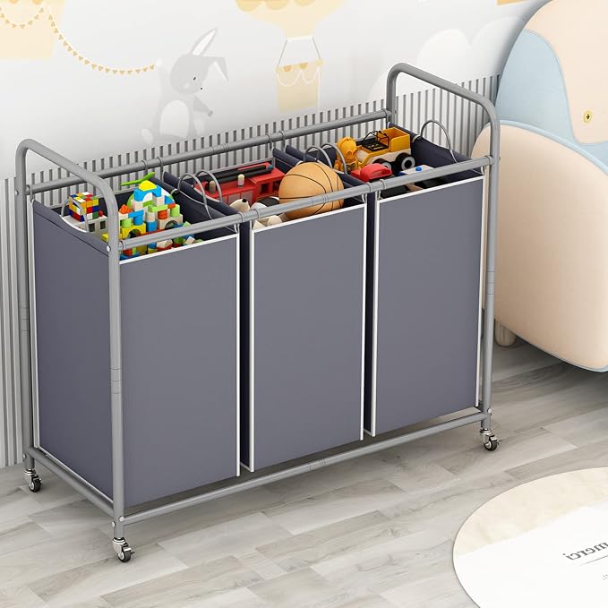 LINZINAR 3 Section Laundry Hamper, Grey Laundry Basket, 135L Laundry Sorter | Laundry Room Organization with Heavy Duty Rolling Lockable Wheels and Removable Bag, Bedroom Laundry Cart for Clothes Storage