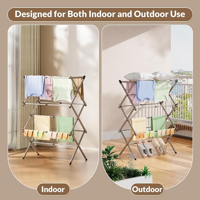 Collapsible Floor Drying Rack - Free Standing Accordion Laundry Dryer, Retractable Metal Clothes Hanger with Shoe Storage, Heavy Duty Rustproof Airer for Bathroom, Balcony & Delicates