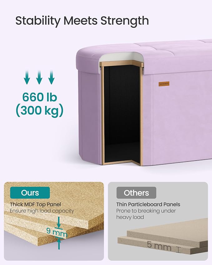 SONGMICS MINOTA Collection - Folding Ottoman with Storage, Oval Storage Ottoman Bench, for Living Room, Bedroom, Velvet Fabric, 15 x 29.9 x 15 Inches, Hibiscus Purple ULSF267PE01