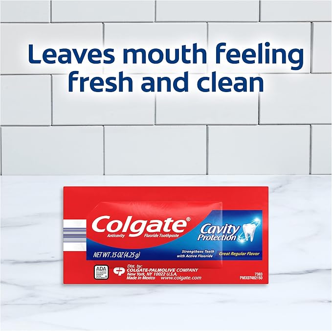 Colgate Cavity Protection Toothpaste with Fluoride, Great Regular Flavor, Travel Size Toothpaste, 0.15 Ounce Sachet, 1000 Pack