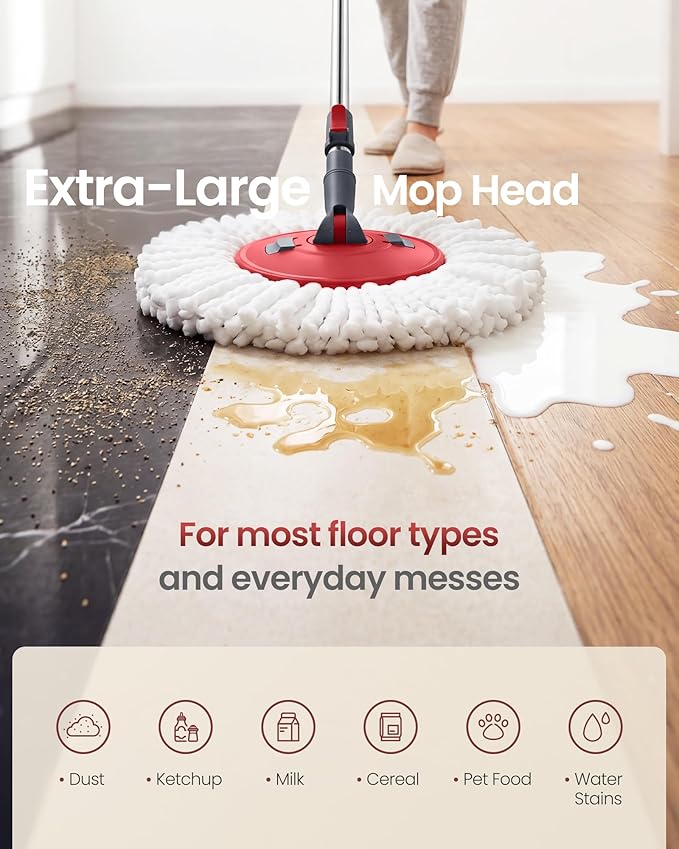 SONGMICS Spin Mop and Bucket Set with Pedal Wringer, Floor Cleaning Mop, Adjustable Telescopic Handle, Max. 59.1-Inch Length, 360° Rotating Head, 2 Microfiber Pads, Gray and Red ULMB002GT02