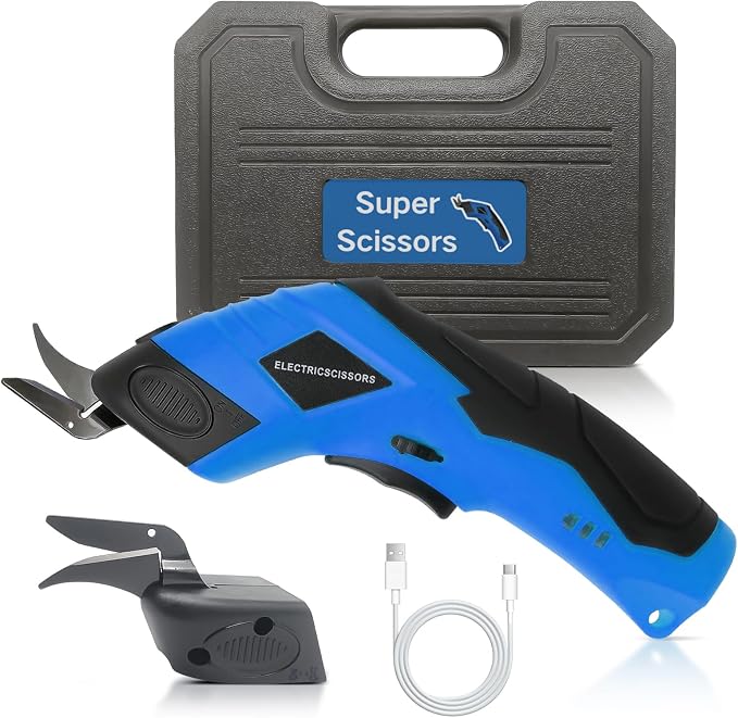 Super Scissors, Cardboard Cutter，Electric Box Cutter,Ultimate Cutting Tool for Home& Craft,Cordless Electric Scissors 2 Blades Included，Cutting Fabric, Cardboard & Plastic(blue)