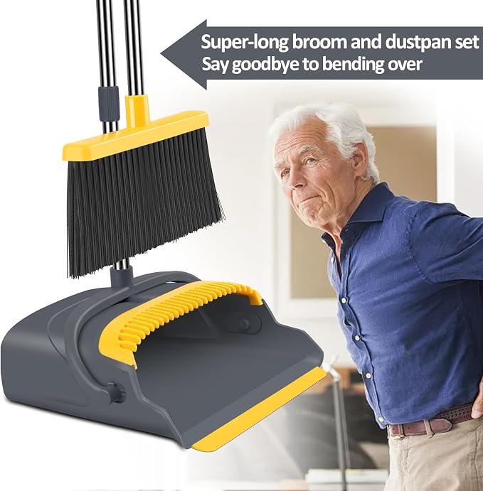 Upgrade Broom and Dustpan Set, Broom with Dustpan Combo Set, Self-Cleaning with Dustpan Teeth, Indoor&Outdoor Sweeping, Stand Up Broom and Dustpan (Gray&Yellow)