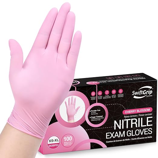 SwiftGrip Pink Nitrile Gloves, 3-mil, Industrial Gloves Disposable Latex Free, for Cleaning & Esthetician, Rubber Powder-Free, 100-ct Box (X-Large)