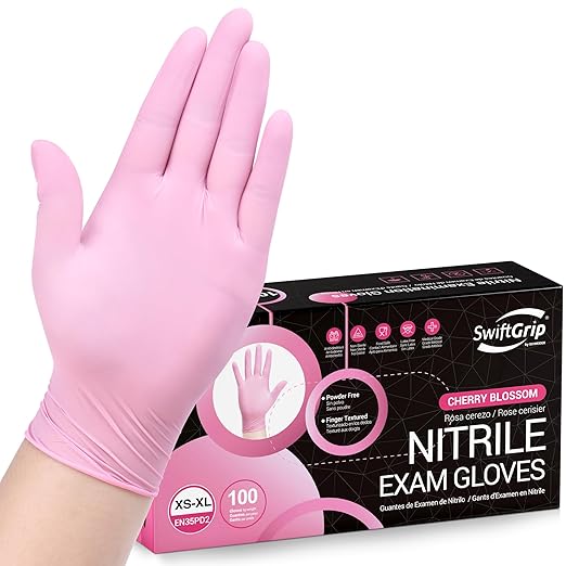 SwiftGrip Pink Nitrile Gloves, 3-mil, Industrial Gloves Disposable Latex Free, for Cleaning & Esthetician, Rubber Powder-Free, 100-ct Box (X-Small)