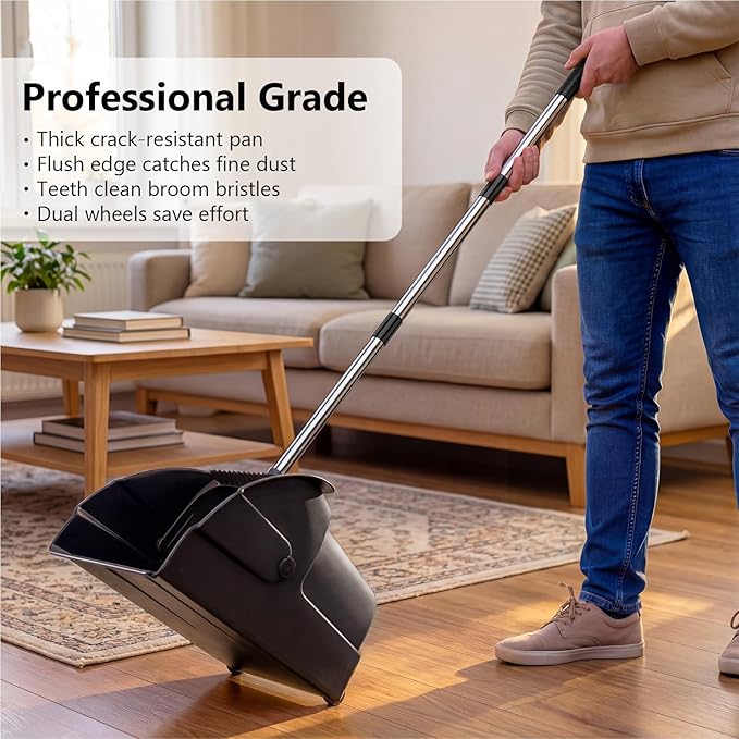 Jumbo Commercial Dustpan with Wheels & Comb Teeth - Heavy Duty 14.2" Rolling Debris Pan - Long Handle Extra Large Upright Dust Pan for Industrial Warehouse Garage Restaurant Sidewalk Outdoor - Black
