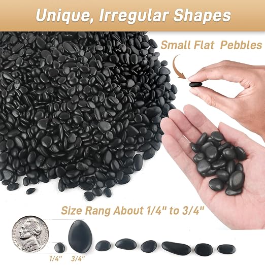 Mulctun 12lb Black Rocks for Planters- 1/4" - 3/4" Polished Black Stones Smooth Flat Pebbles for Fish Tanks Decorative River Rocks for Vases Bonsai Pots Garden Stones for Landscaping and Yards