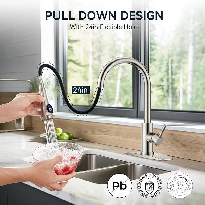FORIOUS LED Kitchen Faucet with Pull Down Sprayer, Brushed Nickel, Single Handle Modern Stainless Steel Sink Faucet with Temperature Digital Display, Suitable for Farmhouse Camper Rv Bar