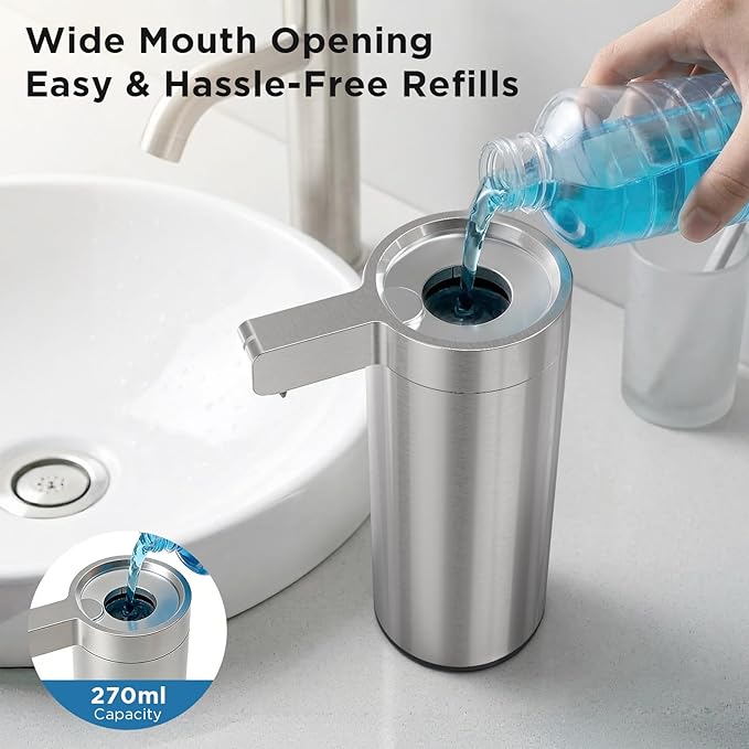Newise Automatic Soap Dispenser - 9 oz, Rechargeable Touchless Liquid Soap for Kitchen and Bathroom with 3 Adjustable Dispensing Modes, Stainless Steel