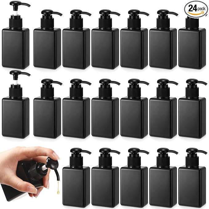 Domensi 24 Pcs 100ml /3.4 oz Pump Bottle Mini Travel Bottles Small Dispenser Containers Plastic Pump Lotion Dispenser Empty Square Travel Size Containers Toiletries (Whole Black)