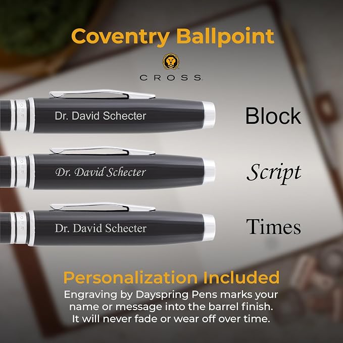 Cross Coventry Ballpoint Pen with Personalized Engraving - Black Lacquer with Chrome Trim - Gift for Graduation, Retirement, New Job, or Corporate Recognition
