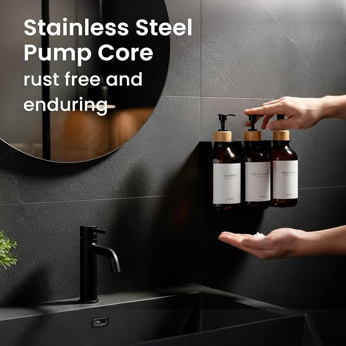 Shampoo and Conditioner Dispenser Wall Mounted Set of 3 Amber Bamboo - No Drill Shower Soap Dispenser for Bathroom Refillable - Spa Hotel Style Accessories by MaisoNovo | 500 ml Shower Gel Dispenser Set of 3. Refillable Shampoo and Conditioner Bottles....