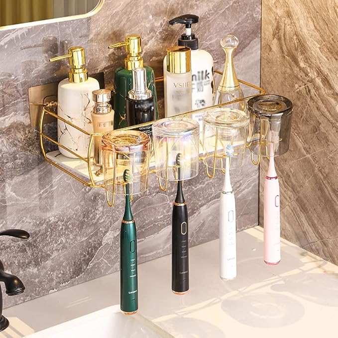 Toothbrush Rack Bathroom Toothbrush Holder Wall Mounted Toothbrush Holder Multifunctional Toothbrush Holder with Mouthwash Cup Bathroom Toothbrush Holder(A)