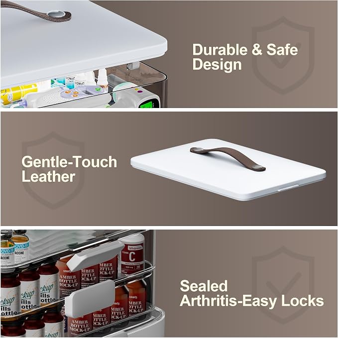 CTIME 4-Tier XL Medicine Organizer - Portable Medicine Cabinet with Leather Handle, Empty First Aid Kit for Home Organization Must, School, Dormitory, Travel, RV, Dorm, Ideal Elderly Gift