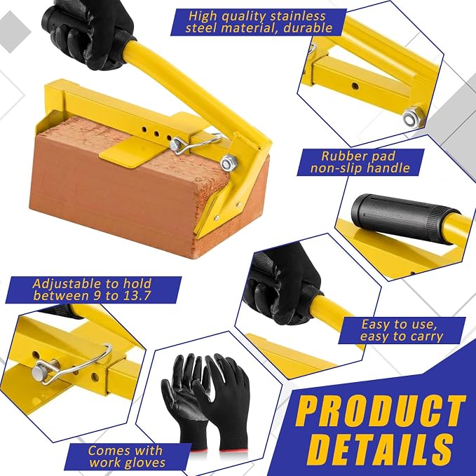 Adjustable Heavy Duty Brick Tongs Set Heavy Duty Block Tongs with Rubber Pad Handle and Work Gloves Adjustable 9-13.7 Inches Paver Tool for Bricks Lifting Carrying (Yellow)