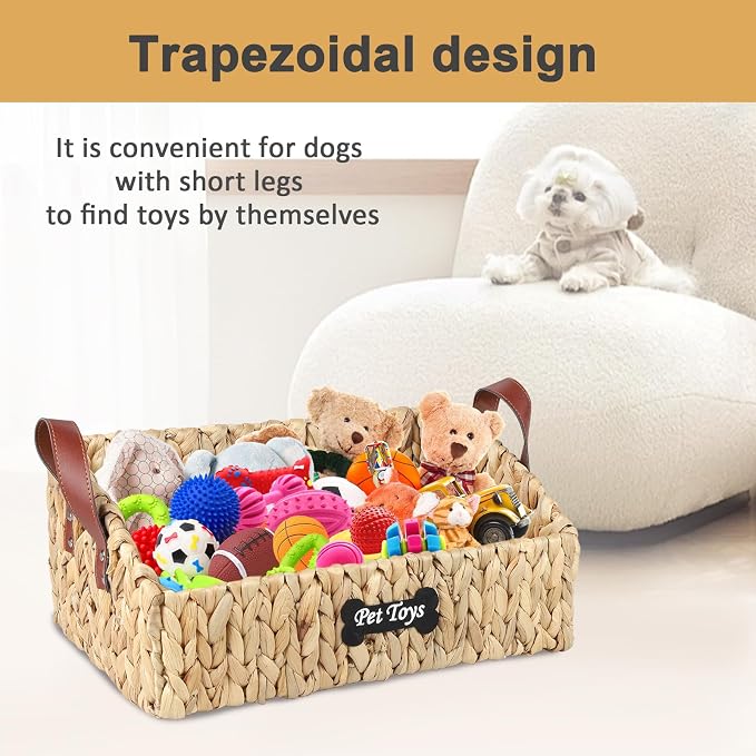 Trapezoid Pet Dog Toy Basket,Medium Dog Toy Bin,Wicker Storage Basket for Dog Cat Toys,Dog Storage Organizer for Leash Blanket Toys Snacks -Natural Farmhouse Water Hyacinth