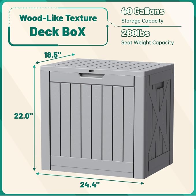 Devoko 40 Gallon Deck Box Lockable Outdoor Storage Box Waterproof for Patio | Weatherproof Use Indoors Outdoors, Holds Patio Cushions, Garden Tools & Pool Supplies, Easy 15-min assembly.