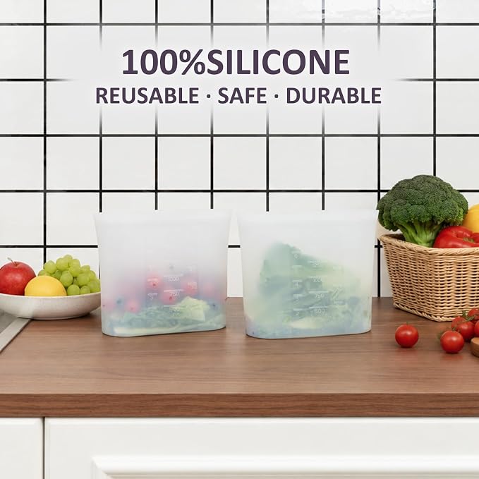 Small Reusable Silicone Food Storage Bags 4 Pack, 51fl oz/1500ml, 100% Silicone Stand-Up Wide-Open Zip-Lock Reusable Bags for Small Items, Microwave Freezer Oven Dishwasher Safe, Translucent