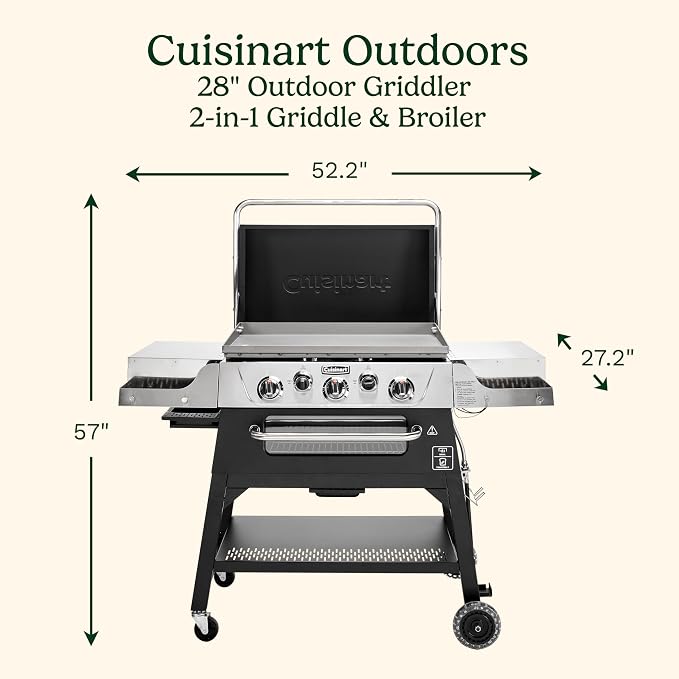 Cuisinart 28” Outdoor Griddler and Broiler Combo, 2-in-1 Carbon Steel Flat-Top Grill and Broiler with Hood, Adjustable Rack, Wheels, Side Tables, Large Cooking Area for BBQs, Outdoor Griddle Station