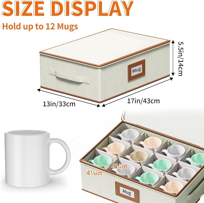 2-Pack Cup Storage Box with Dividers, Hard Shell Mug Organizer with Lid | Holds 24 Mugs, Teacups & Glasses, Quilted, Dual Zippers, Reinforced Handles, Stackable, Moving and Seasonal Storage, Ivory
