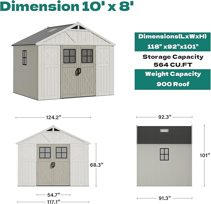 Devoko 10x8 FT Resin Outdoor Storage Shed with Floor, Plastic Tool Garden Shed with Windows & Lockable Door, Outside Large Storage Shed for Patio Backyard Lawn, Beige