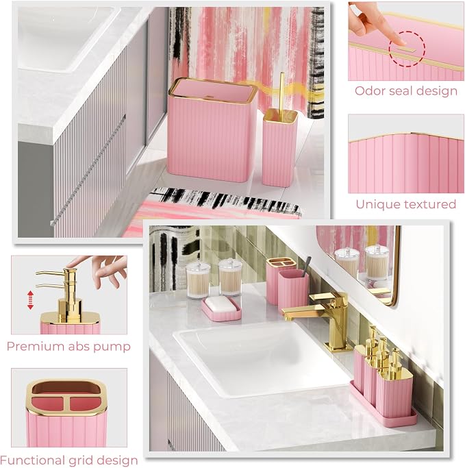 Bathroom Set - Bathroom Accessory Set, Pink Bathroom Set, 26PC Bathroom Sets with Shower Curtain and Rugs, Toilet Brush, Trash Can, Qtip Holder & Bathroom Soap Dispenser Set