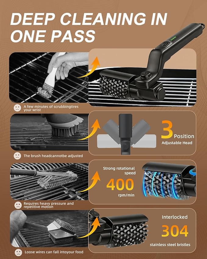 Electric Grill Brush Cordless, 3-Speed Rotary BBQ Grill Cleaner Bristle Free, 180° Adjustable, 3 Brush Heads, Rechargeable Waterproof for Outdoor Grill Cast Iron Stainless Steel