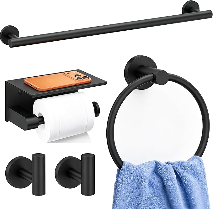 5 Pieces Bathroom Hardware Accessories Set Matte Black, 24Inch Round Towel Racks Set for Bathroom, SUS304 Stainless Steel Towel Bar Set, Toilet Paper Holder with Shelf Wall Mounted