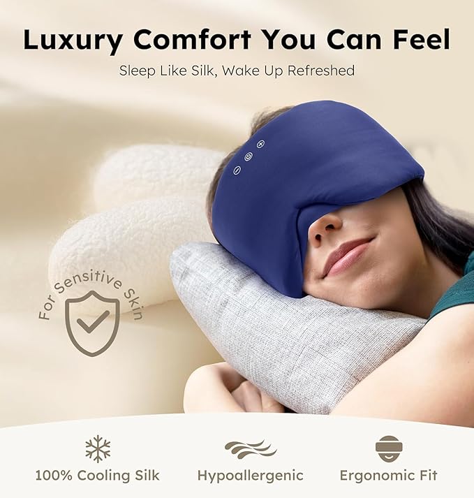 Luxury Bluetooth 5.4 Sleep Mask for Adults - Ice Fiber Cooling & HD Sound, 100% Light Blocking Adjustable Eye Cover for Travel & Side Sleepers - Soft Sleep Headphones with 10H Playtime (Blue)